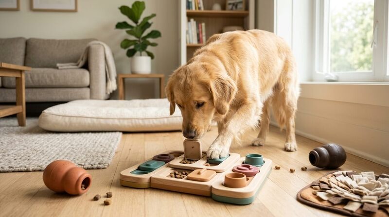 A clever Golden Retriever playing with a puzzle toy on a wooden floor indoors, illustrating indoor brain games to challenge a dog
