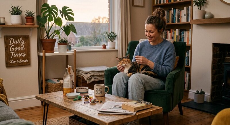 A calm and happy cat with its owner in a cozy home setting, representing a consistent daily routine