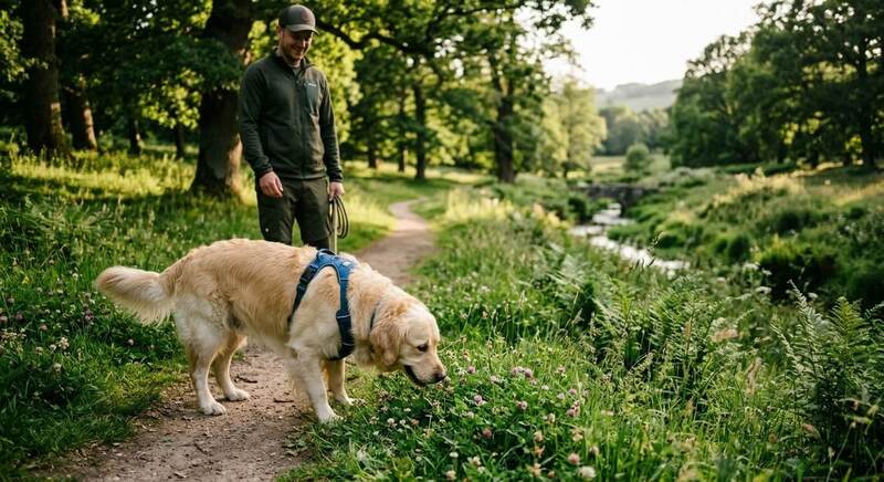 A calm dog sniffing and exploring peacefully during a relaxing outdoor walk in a green park.