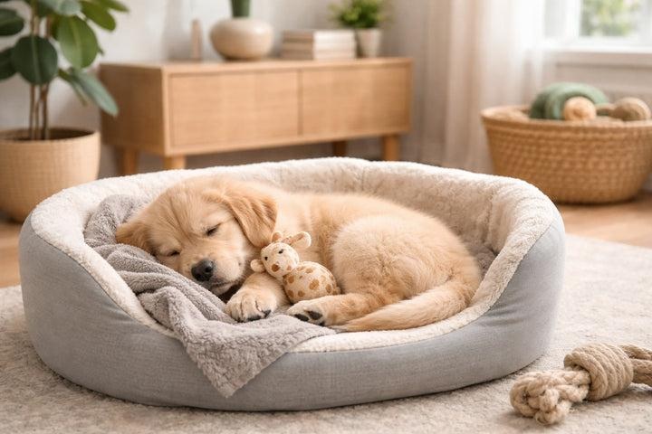 Young puppy resting comfortably in a quiet and cozy dog bed