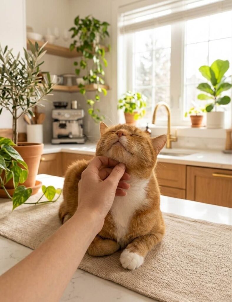 A ginger cat enjoying gentle chin scratches in a bright modern kitchen with indoor plants.