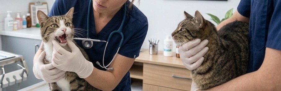 Veterinary clinic setting with gloved hands gently examining a tabby cat's teeth and mouth