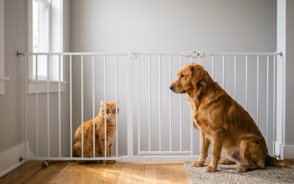 cat and dog calmly observing each other through a pet gate inside a bright home
