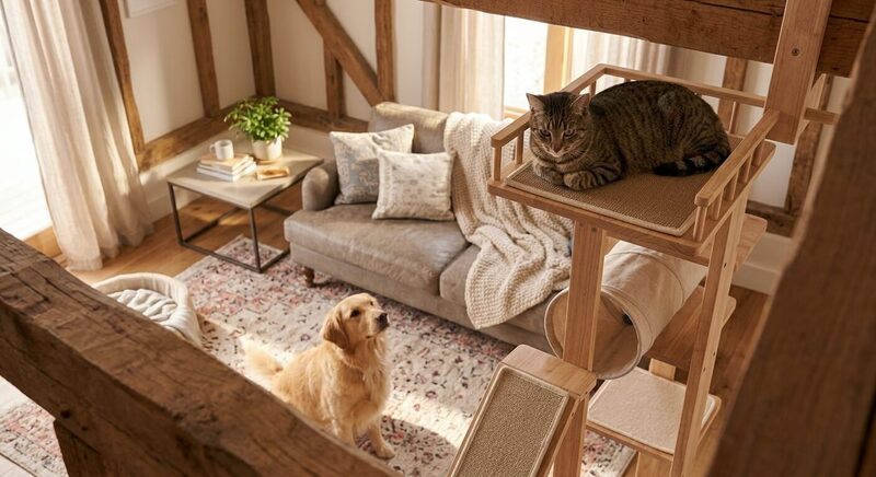 A cat resting safely on a high wooden cat tree looking down calmly at a dog in a cozy living room, illustrating safe escape routes and boundaries