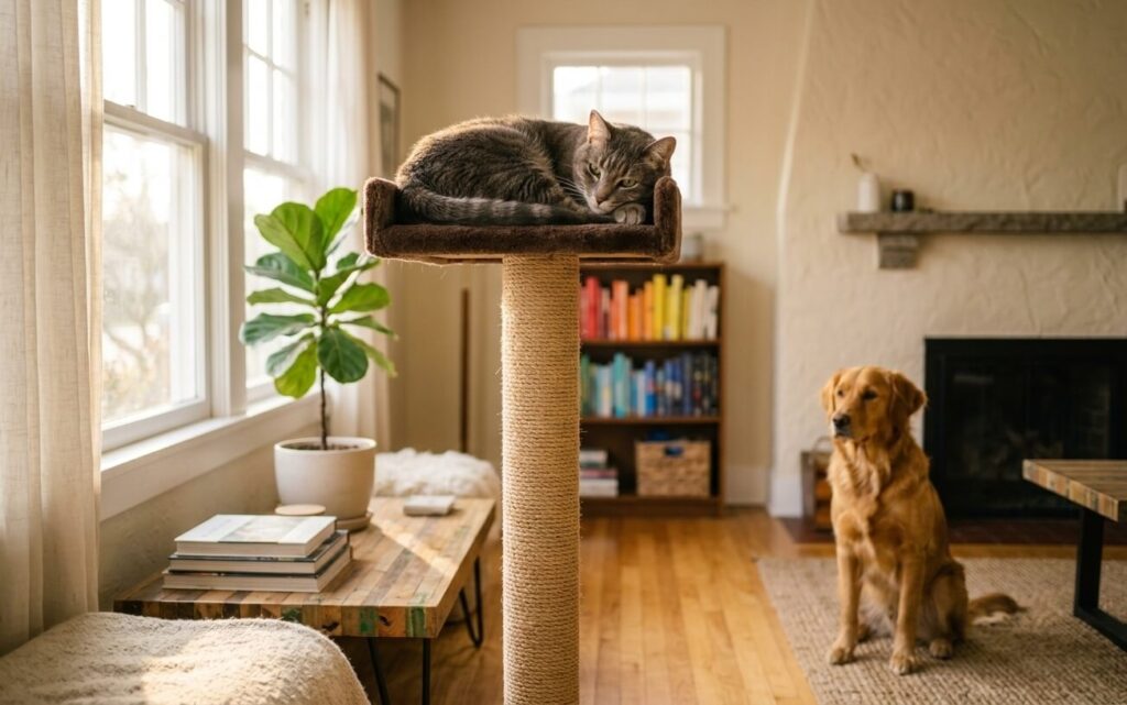 cat resting on a tall cat tree while a calm dog stays at a safe distance in the living room