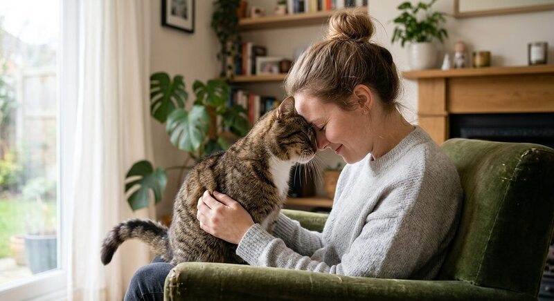 A affectionate tabby cat gently head-butting its owner in a cozy living room, illustrating signs of feline affection