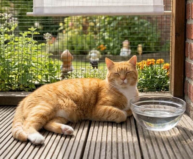 An orange and white cat safely sunbathing indoors next to a fresh bowl of water and protective shade.