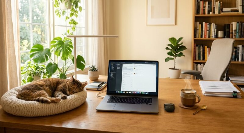 A clean, comfortable home office desk with a laptop, a warm cup of coffee, and a sleeping cat resting peacefully nearby.
