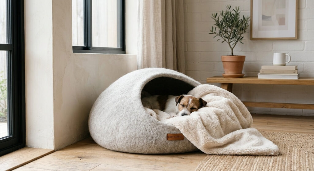 A cozy cave dog bed with a soft plush blanket inside in a minimalist living room corner