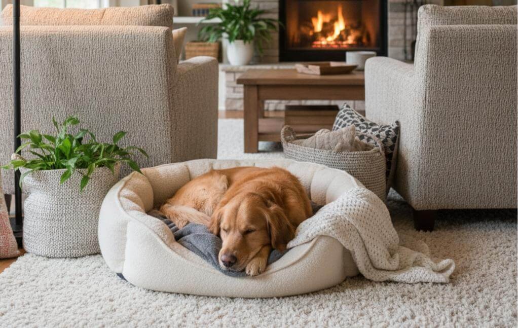 Dog resting on a comfortable bed in a warm room