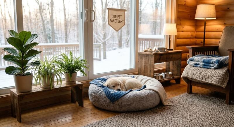 A cozy indoor sanctuary living room featuring a comfortable dog bed, warm lighting, and houseplants, illustrating creating a warm indoor sanctuary for pets