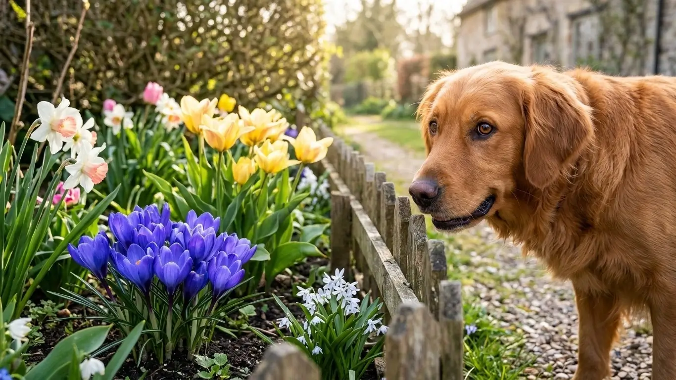 A curious golden retriever dog safely looking at spring flowers growing in a garden outdoors