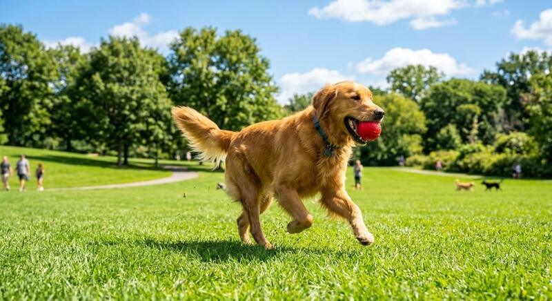 A healthy Golden Retriever playing with a ball in a park, illustrating an effective daily exercise routine for dogs