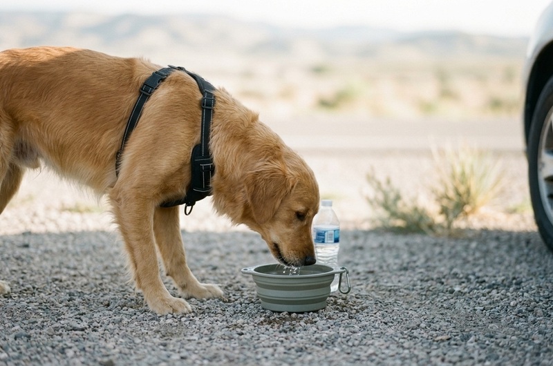 A dog drinking water from a portable bowl during a road trip break