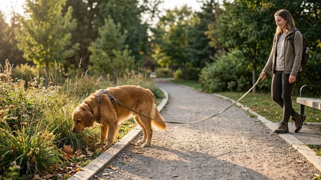 Dog calmly sniffing grass during a walk with its owner