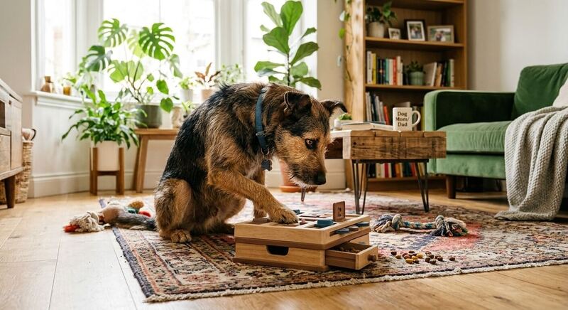 An intelligent dog focused on solving a puzzle toy in a bright and cozy living room, representing mental stimulation and brain games for dogs