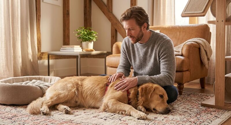 A calm person gently comforting a stressed golden retriever dog in a quiet cozy room, showing how to handle an overwhelmed pet safely