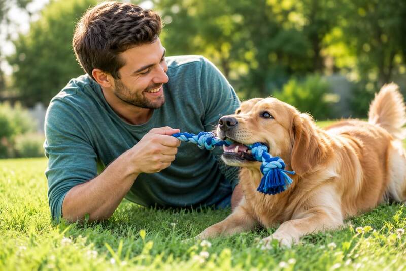 A dog owner playing tug-of-war with his happy golden dog in a sunny garden