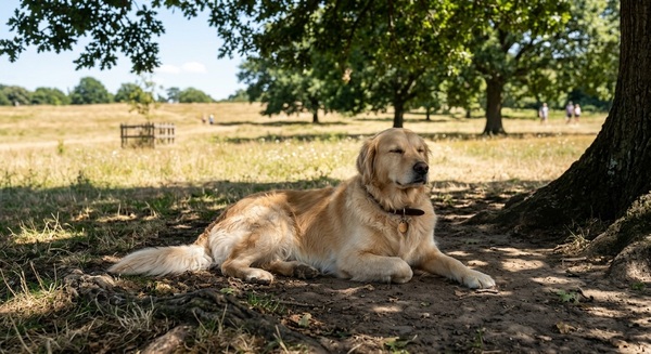 A golden retriever resting comfortably in the shade under a tree on a warm sunny day