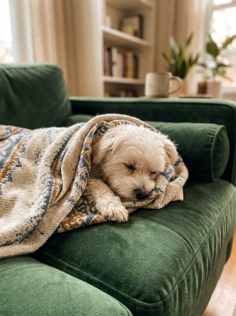 A small dog safely resting comfortably under a lightweight blanket on a cozy sofa