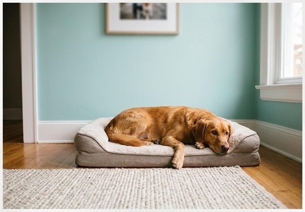 Dog resting calmly on its bed away from the kitchen during family mealtime