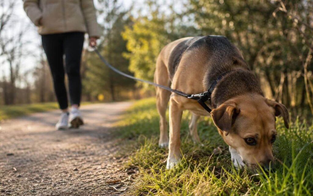 Dog sniffing grass during a relaxed walk in a park