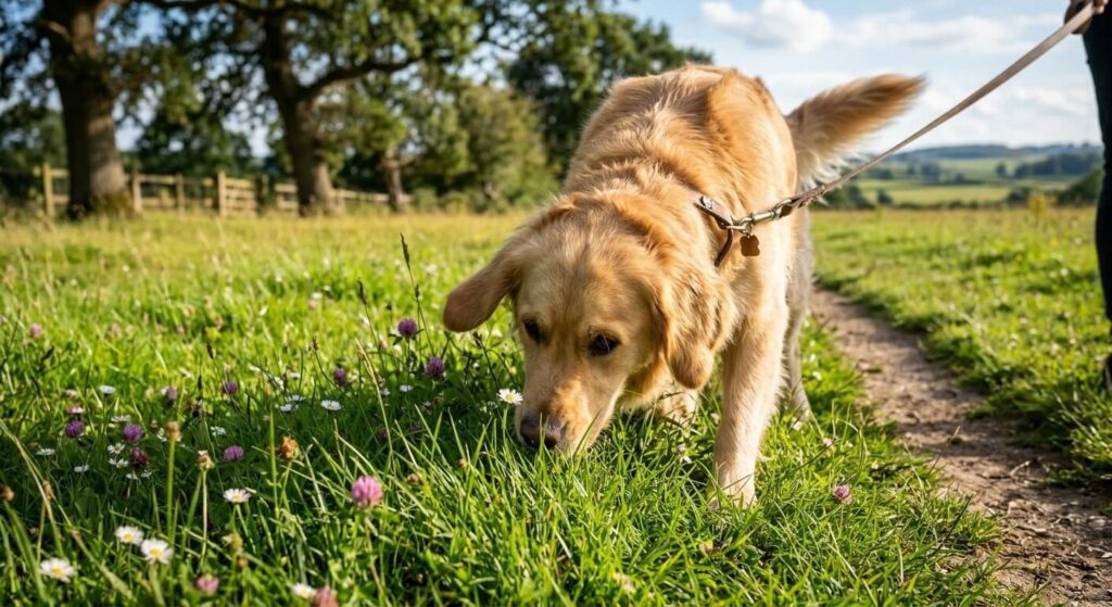 Dog sniffing the grass while exploring outdoors during a walk