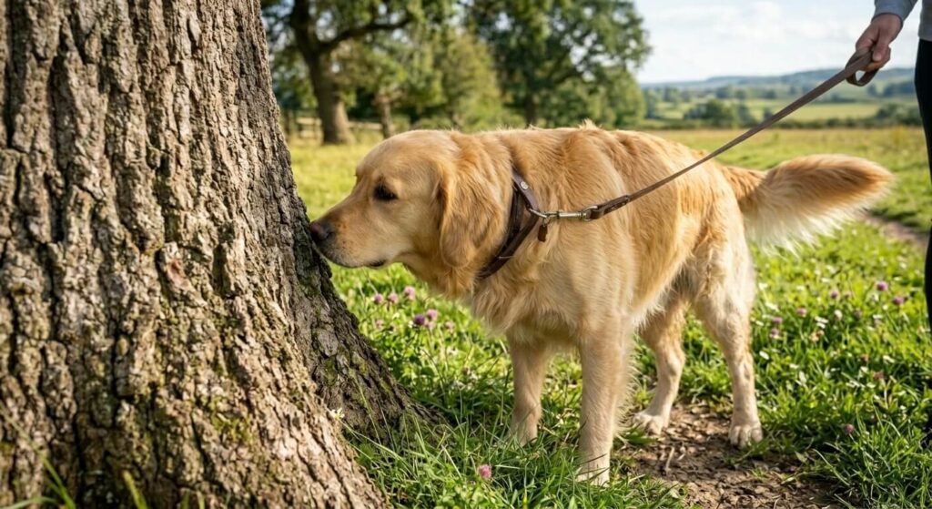 A curious dog sniffing a tree trunk in a park during a daily walk