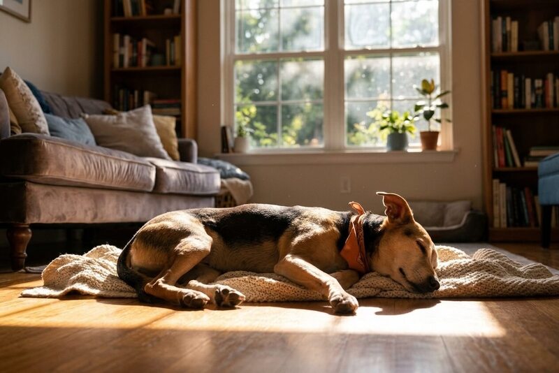 A calm dog resting comfortably on a warm patch of sunlight streaming through a living room window, illustrating natural circadian rhythms and relaxation