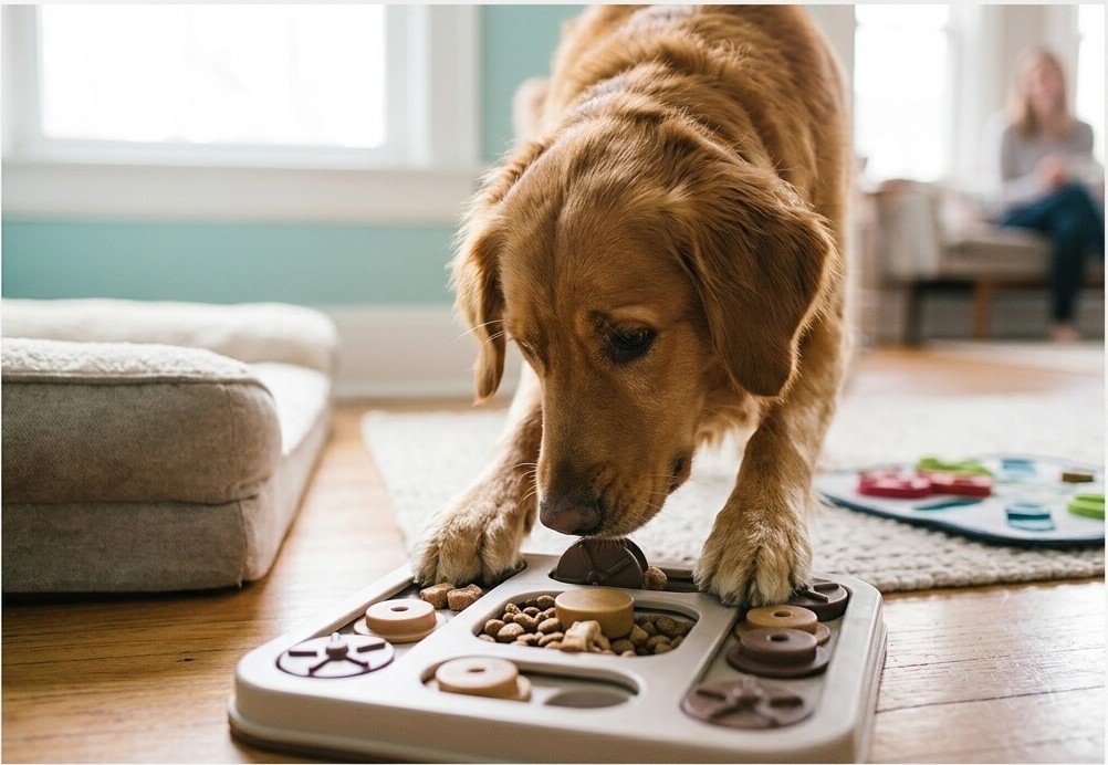 Dog using an interactive puzzle feeder during mealtime