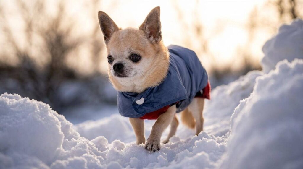 Small dog wearing a warm winter coat outdoors