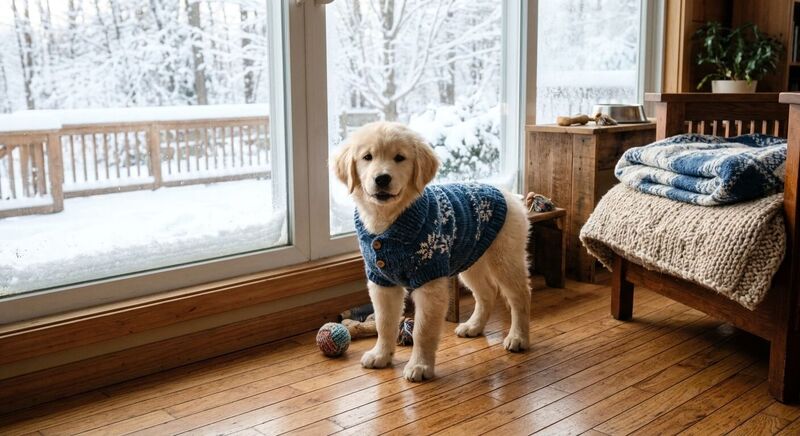 A cute puppy wearing a tiny knitted blue sweater, standing on a wooden floor near a window with winter snow outside, illustrating dressing your puppy for the cold
