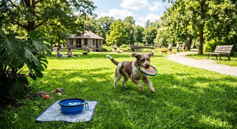 A happy dog enjoying a safe outdoor summer activity in a bright green park with a portable water bowl nearby