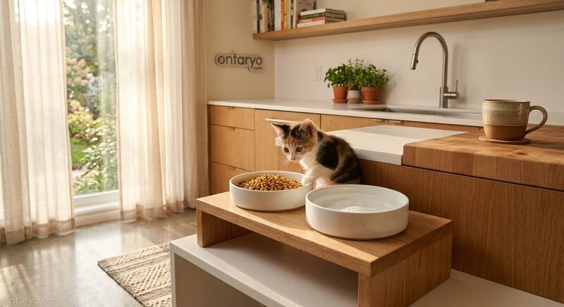 A neat and organized feeding station in a modern kitchen with a clean dog bowl filled with dry kibble and a fresh water bowl.