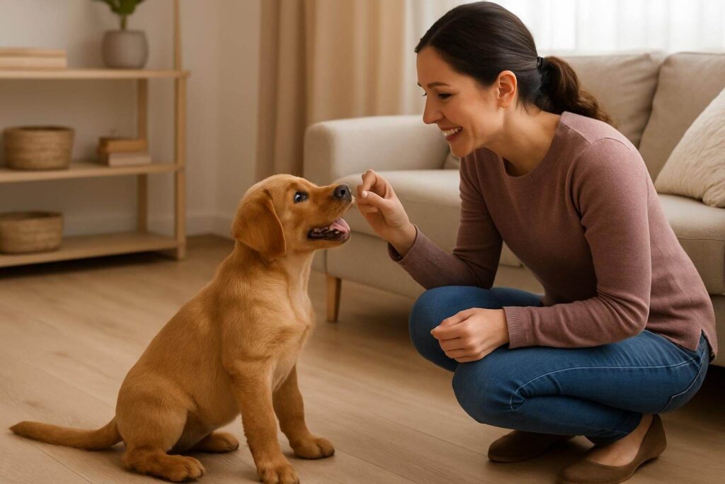 Owner rewarding a puppy with a treat during gentle positive reinforcement training