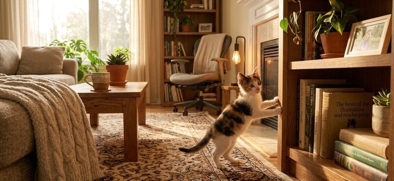 A curious little kitten exploring a cozy living room with soft lighting and a warm, safe atmosphere.