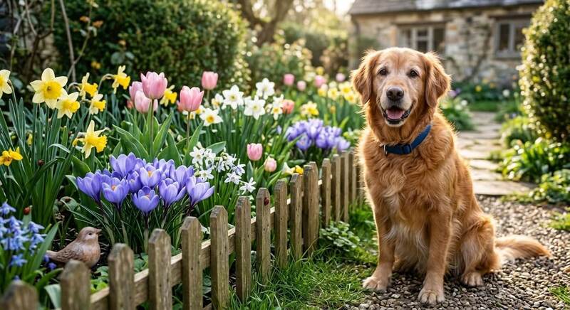 A friendly golden retriever dog sitting safely in a lush green garden next to blooming spring flowers