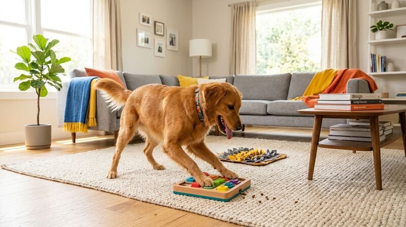 An active, energetic dog playing with an interactive puzzle toy and enrichment games in a bright, modern living room, vibrant and suitable