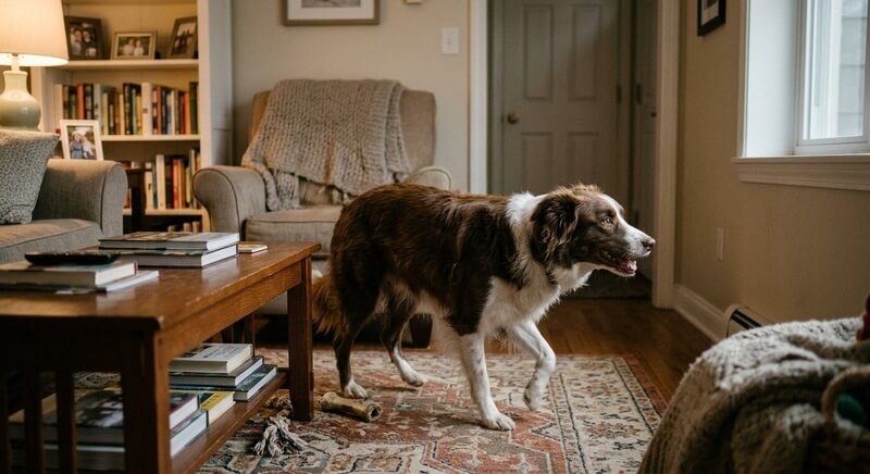 An energetic dog showing restlessness while pacing in a cozy home environment, highlighting behavioral signs of discomfort