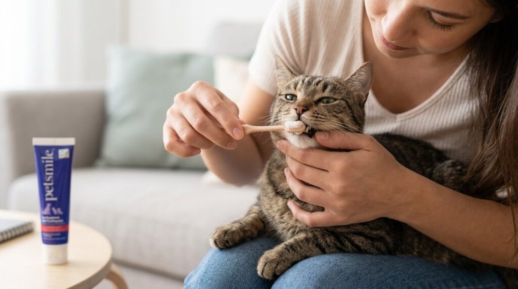 A cat owner gently brushing a cat's teeth at home using a pet toothbrush