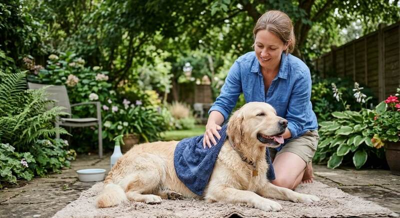 Dog being gently cooled with water while resting in a shaded area