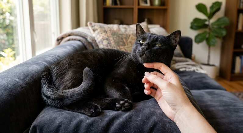 A black cat relaxing comfortably on a plush sofa while receiving gentle chin scratches.