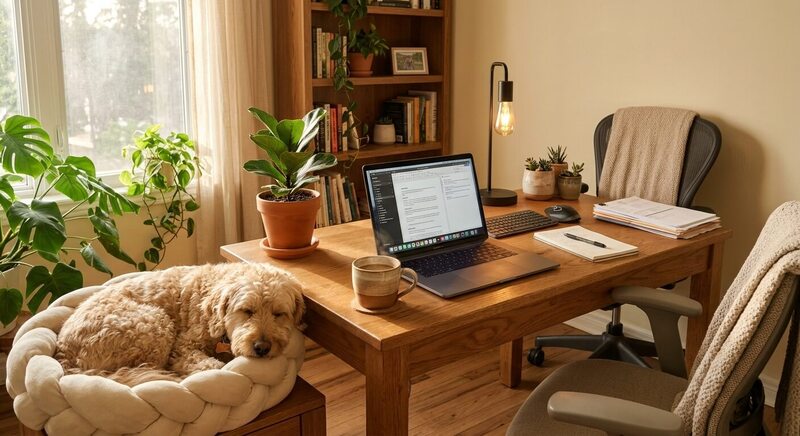 A cozy and productive home office workspace with a happy dog relaxing next to a desk featuring a laptop and warm coffee.