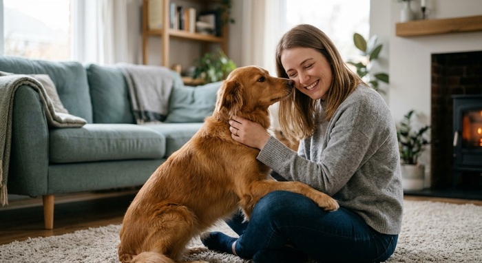 A warm, affectionate moment between a smiling woman and her happy dog resting their heads together in a cozy living room