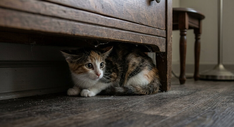 A frightened kitten with flattened ears and a tucked tail hiding under furniture, illustrating feline body language and stress signals
