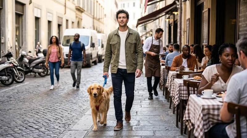 A person calmly walking a golden retriever dog on a short leash close to their side on a narrow urban sidewalk past outdoor cafe seating, showing good leash control and spatial awareness