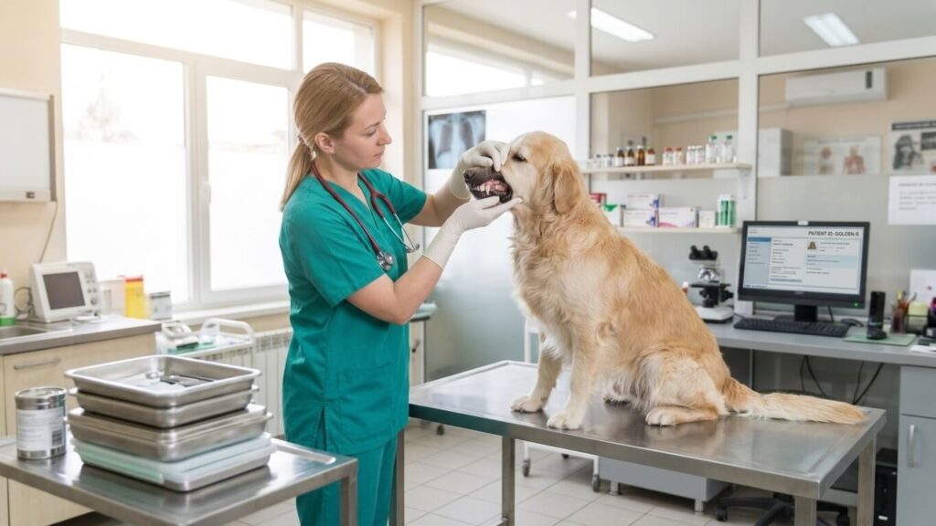 A wide view of a modern veterinary clinic room with a vet examining a golden retriever