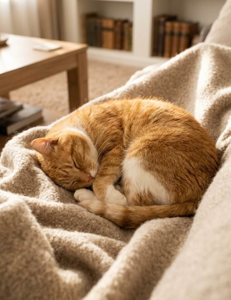 An elderly ginger cat curled up in a cozy, sunlit nap on a soft blanket inside a warm home