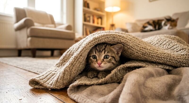 A shy newly adopted kitten peeking out from a cozy hiding spot in a warm home