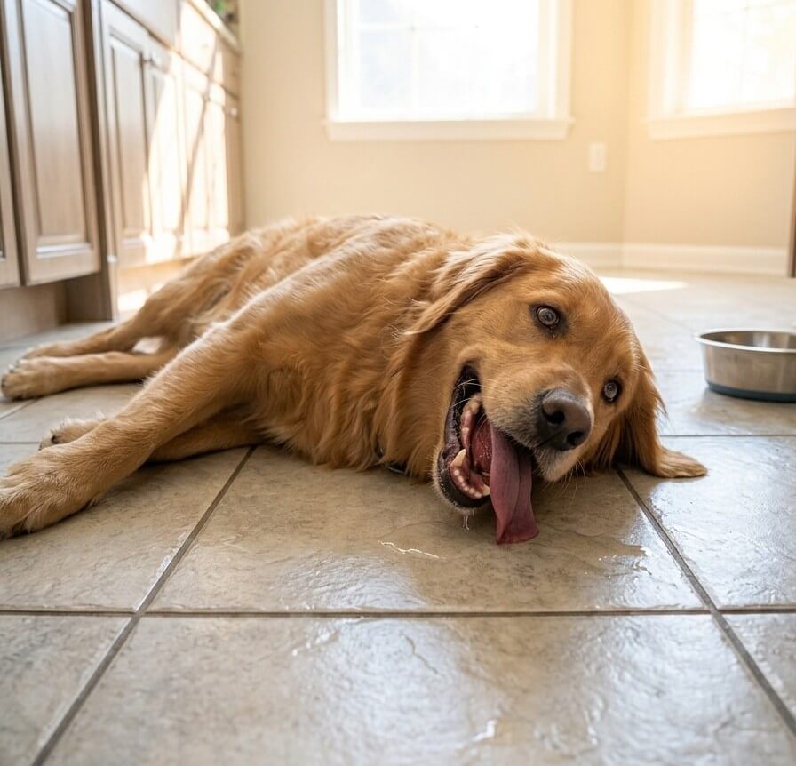 A panting golden retriever dog resting on cool tile indoors on a warm day, showing early signs of overheating